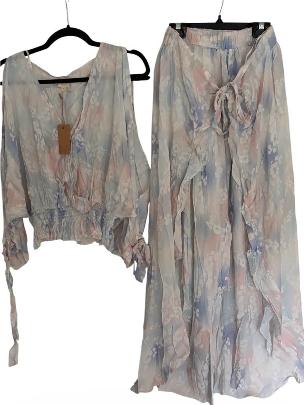 Surf Gypsy Pastel Floral Ruffle Top & Flowy Beach Pants Set- Light Blue & Pink